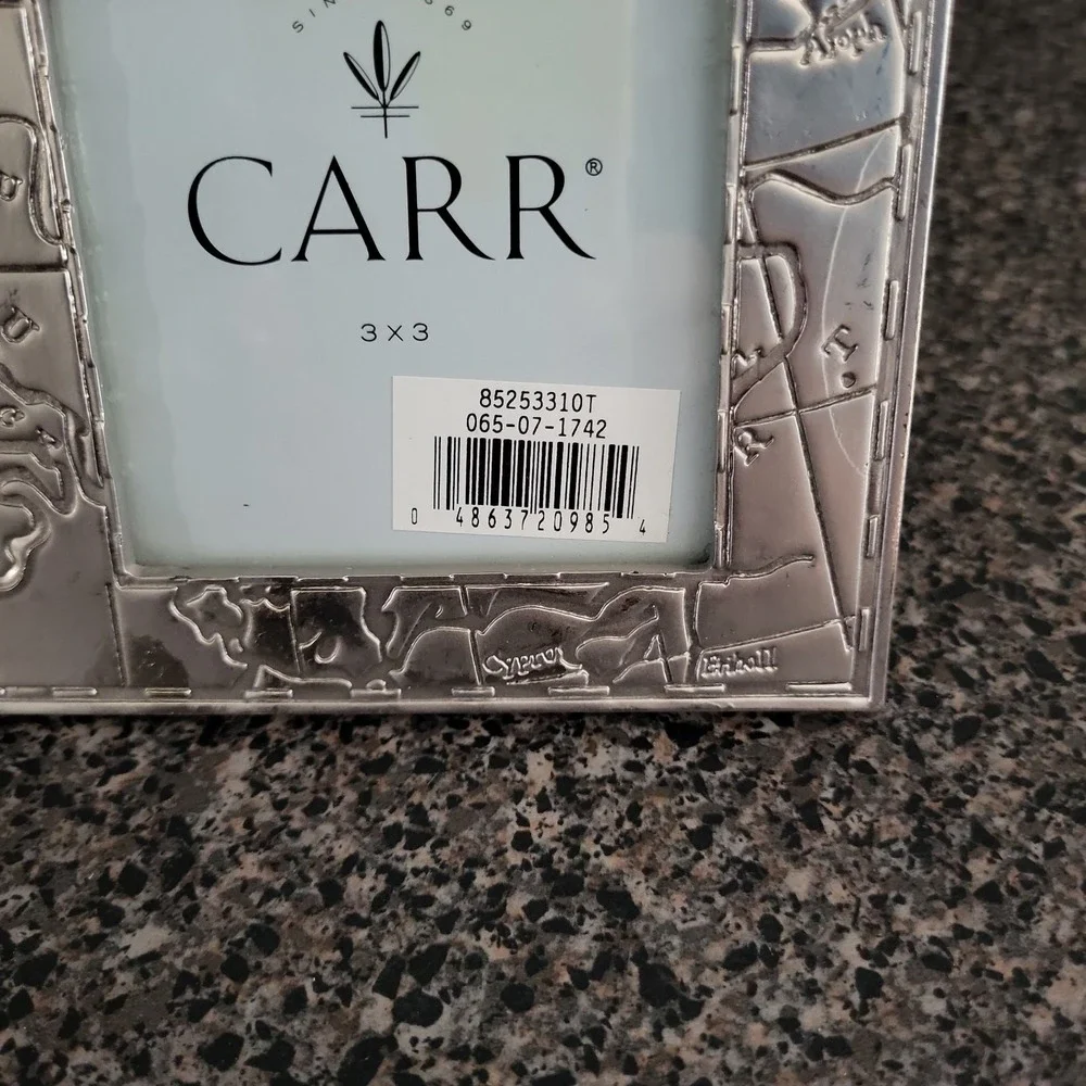 Vintage 1998 Carr Silver Tone World Map Compass 3x3 Photo Picture Frame Travel